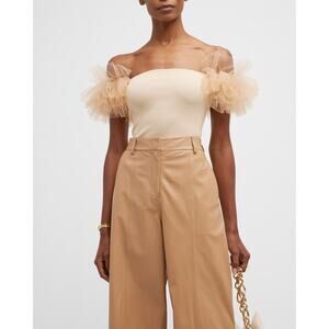 Autumn Cashmere 'Tulle' Tan Viscose Off-The-Shoulder Sweater Size M